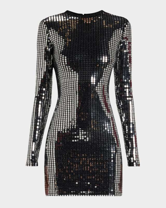 Disco Twiggy Sequined Long-Sleeve Mini Dress